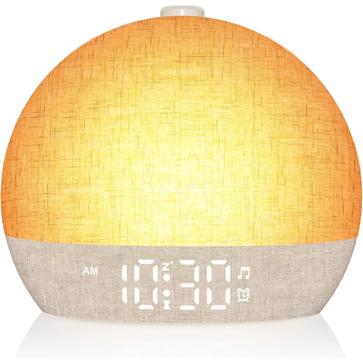 Sunrise alarm clock with warm glow and clock display